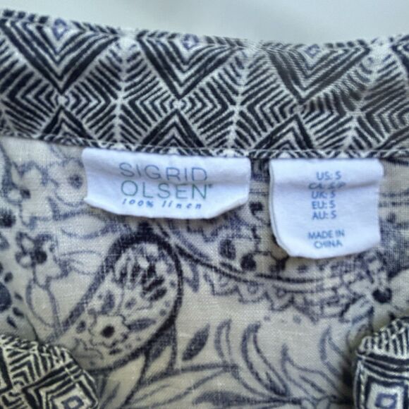 Sigrid Olsen Pure Linen Tunic Top S Blue White Paisley Beachy‎ Coastal - Picture 5 of 7